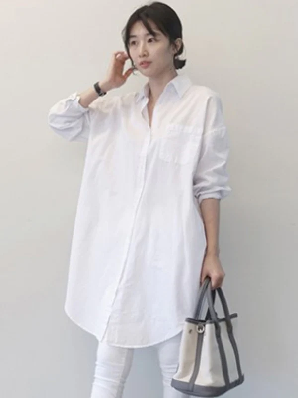 Office Long Sleeves Solid Color Lapel Blouses Shirt Dress - Image 3