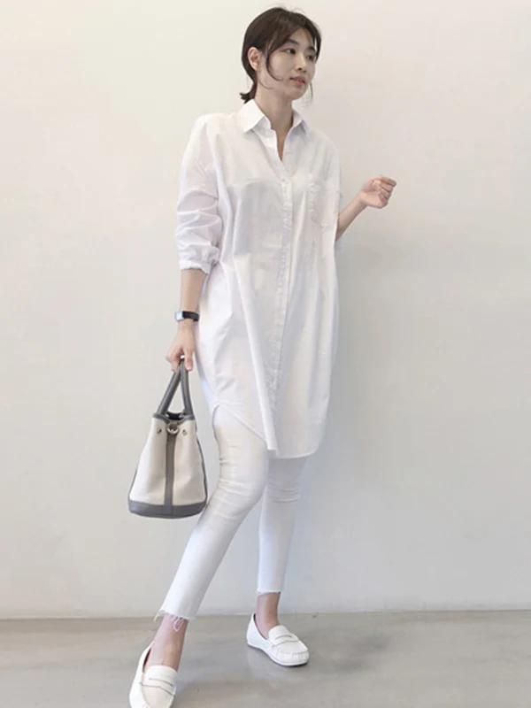 Office Long Sleeves Solid Color Lapel Blouses Shirt Dress - Image 5