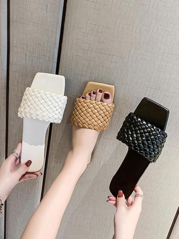 Open Toe Solid Color Split-Joint Square-Toe Slippers - Image 14