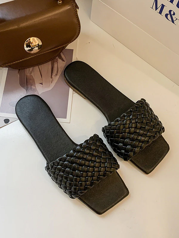 Open Toe Solid Color Split-Joint Square-Toe Slippers - Image 15