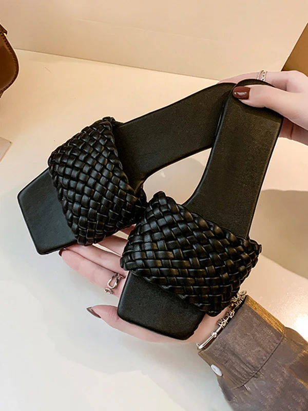 Open Toe Solid Color Split-Joint Square-Toe Slippers - Image 2
