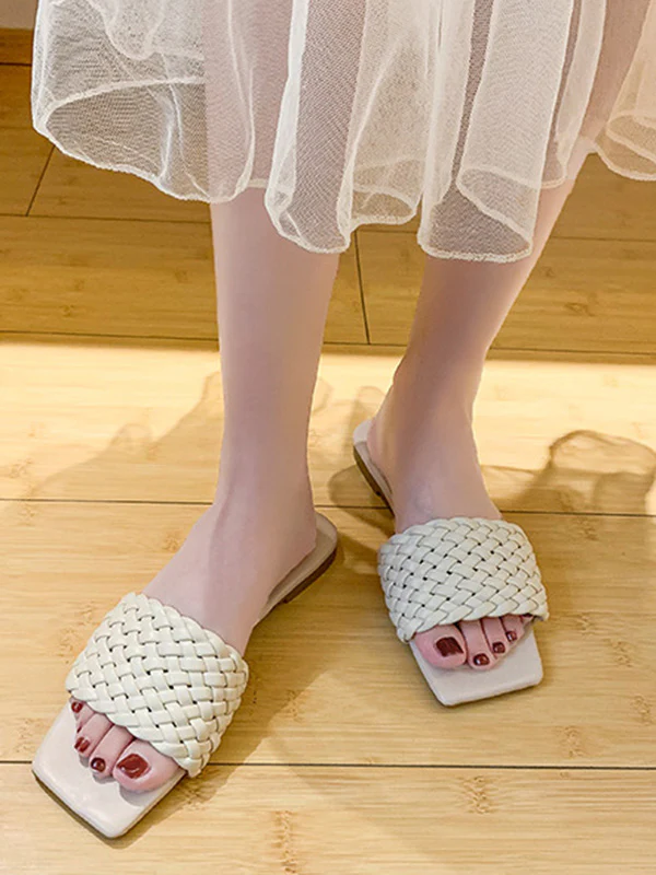 Open Toe Solid Color Split-Joint Square-Toe Slippers - Image 3