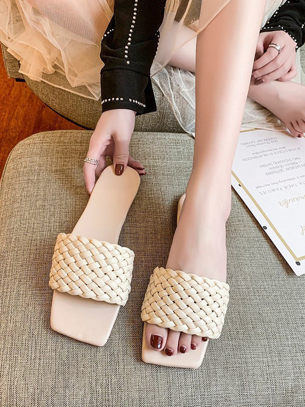 Open Toe Solid Color Split-Joint Square-Toe Slippers - Image 4