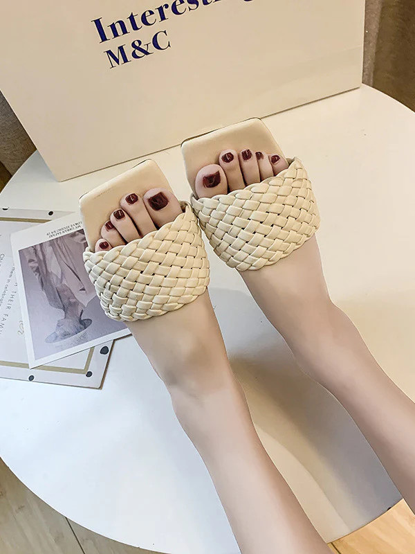 Open Toe Solid Color Split-Joint Square-Toe Slippers - Image 5