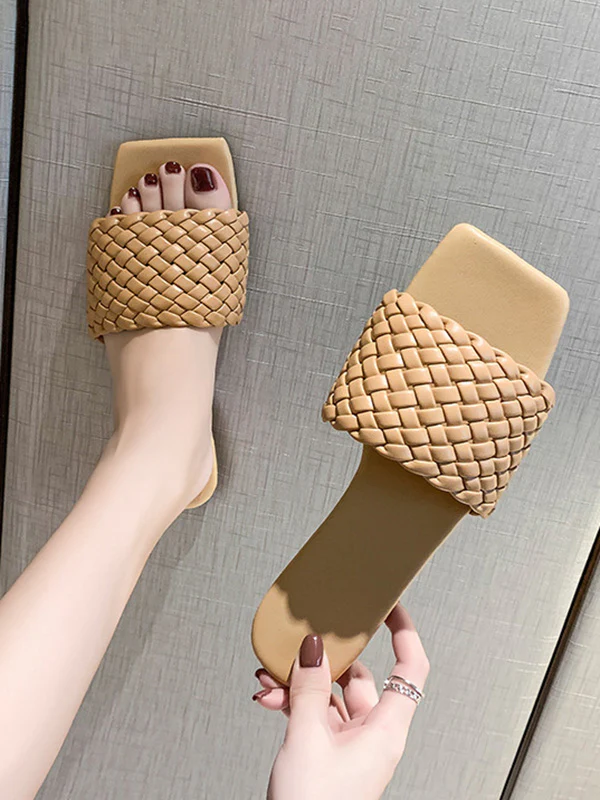 Open Toe Solid Color Split-Joint Square-Toe Slippers - Image 8