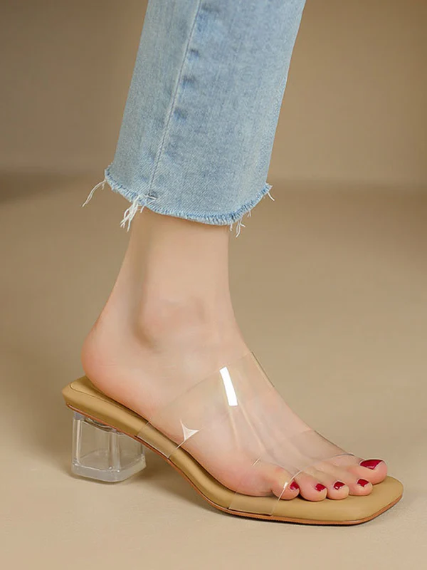 Open Toe Split-Joint Square-Toe Transparent Pumps Sandals Slippers - Image 13