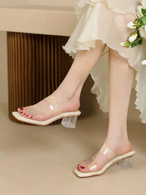 Open Toe Split-Joint Square-Toe Transparent Pumps Sandals Slippers - Image 2
