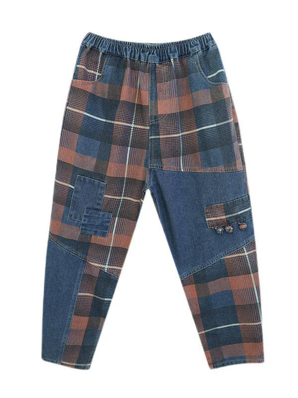 Original Artistic Retro Plaid Jean Pants - Image 10