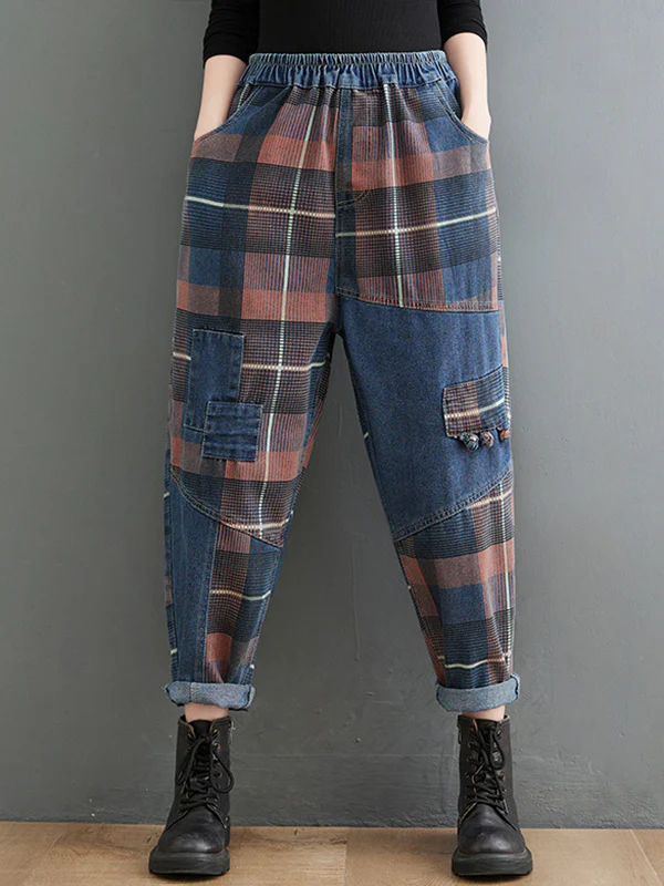 Original Artistic Retro Plaid Jean Pants - Image 3