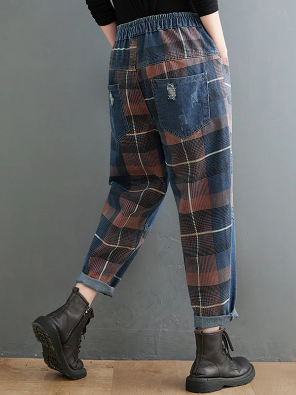 Original Artistic Retro Plaid Jean Pants - Image 4