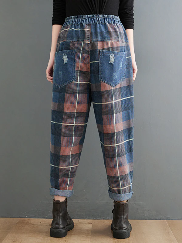 Original Artistic Retro Plaid Jean Pants - Image 5