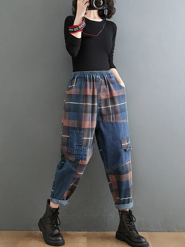 Original Artistic Retro Plaid Jean Pants - Image 6