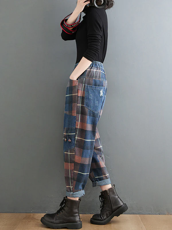 Original Artistic Retro Plaid Jean Pants - Image 7
