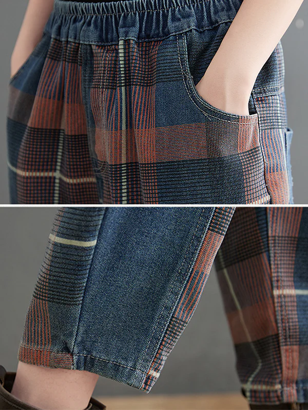 Original Artistic Retro Plaid Jean Pants - Image 8