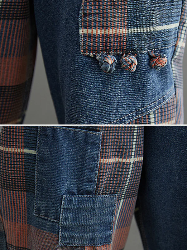 Original Artistic Retro Plaid Jean Pants - Image 9