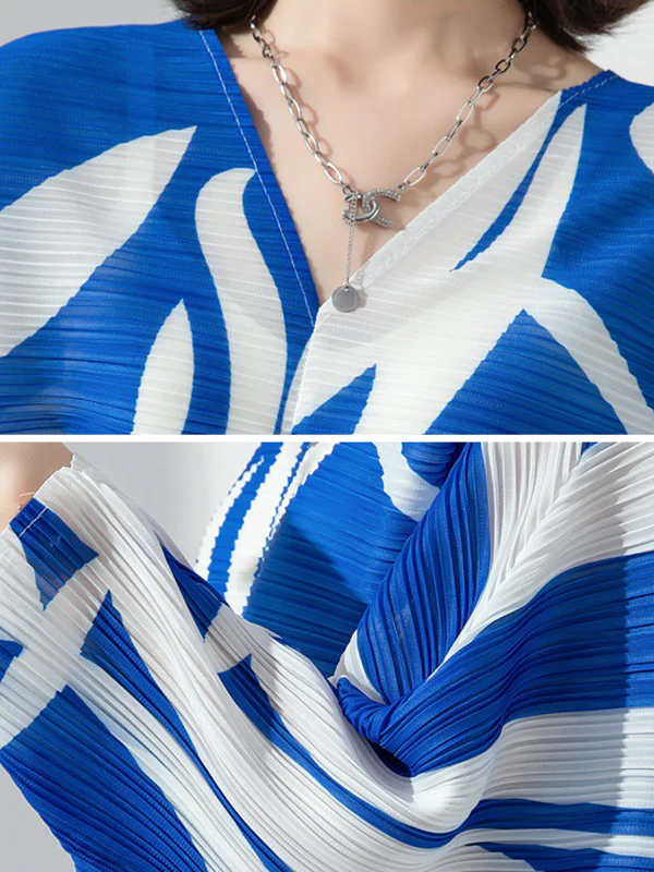 Original Batwing Sleeves Long Sleeves Contrast Color Printed Pleated V-Neck Midi Dresses - Image 10