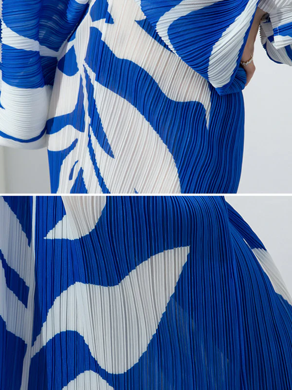 Original Batwing Sleeves Long Sleeves Contrast Color Printed Pleated V-Neck Midi Dresses - Image 11