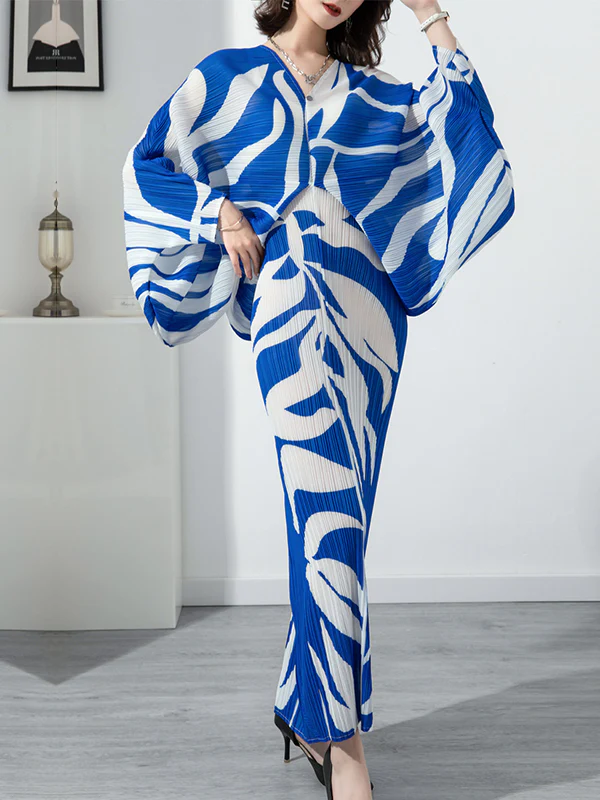 Original Batwing Sleeves Long Sleeves Contrast Color Printed Pleated V-Neck Midi Dresses - Image 2