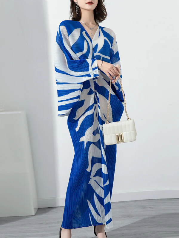 Original Batwing Sleeves Long Sleeves Contrast Color Printed Pleated V-Neck Midi Dresses - Image 3