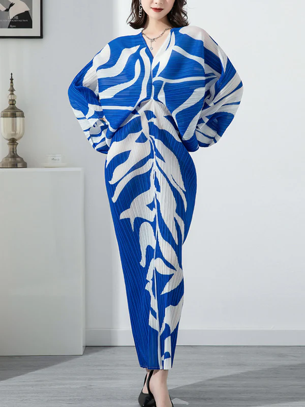 Original Batwing Sleeves Long Sleeves Contrast Color Printed Pleated V-Neck Midi Dresses - Image 4
