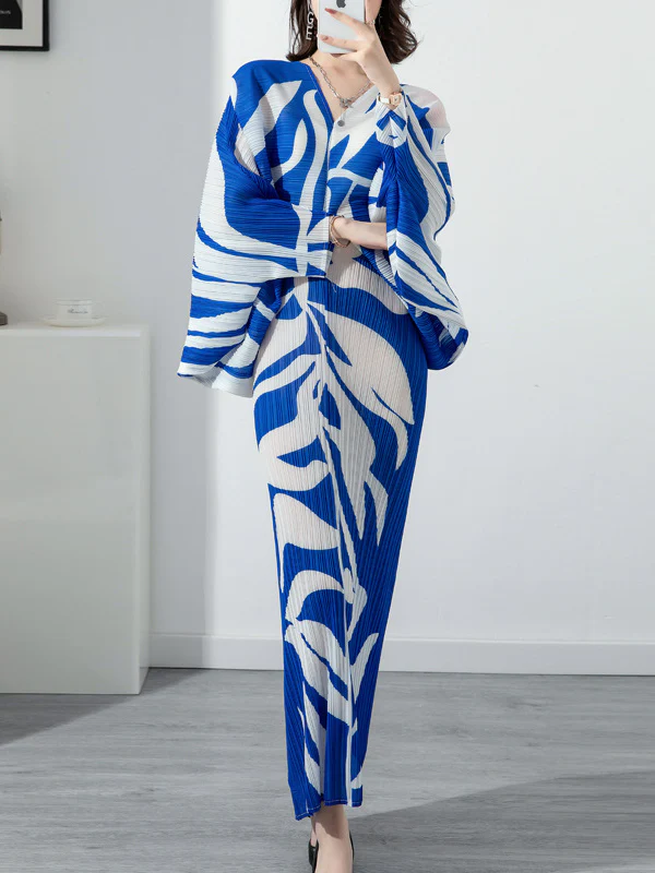 Original Batwing Sleeves Long Sleeves Contrast Color Printed Pleated V-Neck Midi Dresses - Image 5