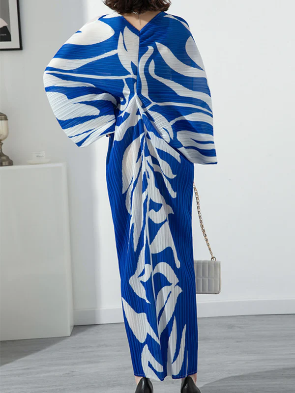 Original Batwing Sleeves Long Sleeves Contrast Color Printed Pleated V-Neck Midi Dresses - Image 6