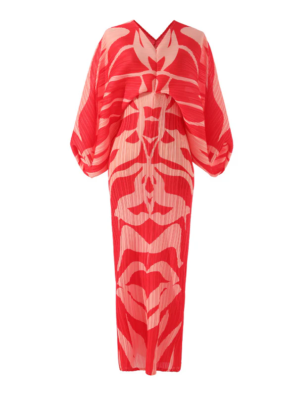 Original Batwing Sleeves Long Sleeves Contrast Color Printed Pleated V-Neck Midi Dresses - Image 7