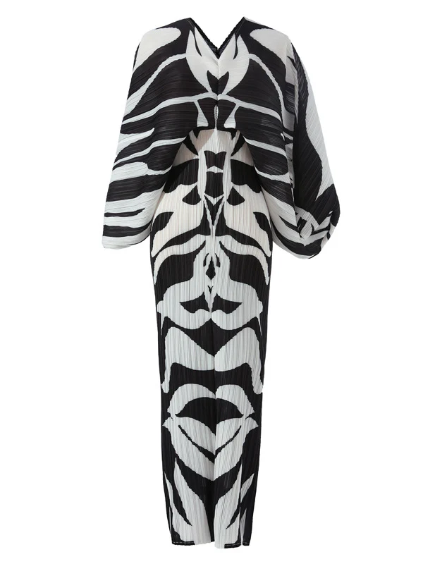 Original Batwing Sleeves Long Sleeves Contrast Color Printed Pleated V-Neck Midi Dresses - Image 8