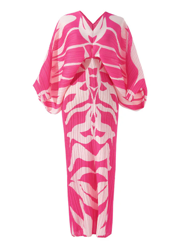 Original Batwing Sleeves Long Sleeves Contrast Color Printed Pleated V-Neck Midi Dresses - Image 9