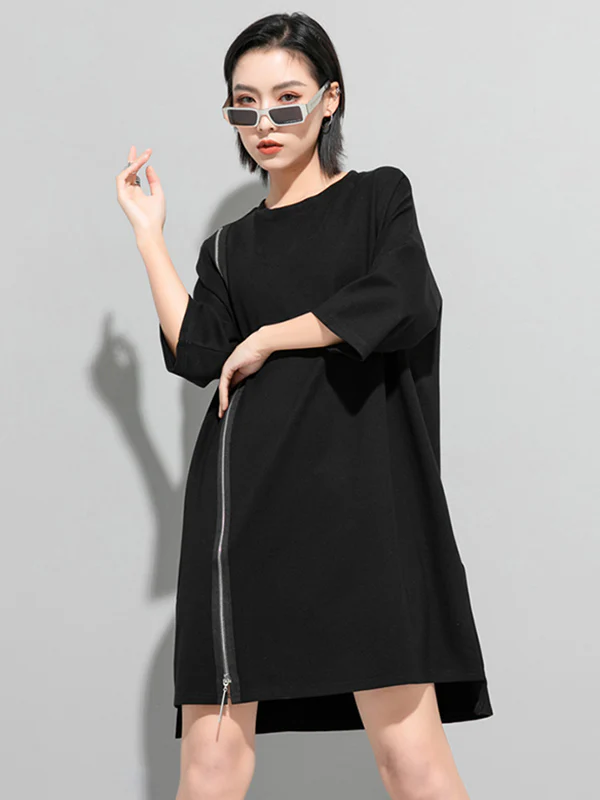 Original Black Zipper Batwing Sleeve Round-Neck Mini Dress - Image 2