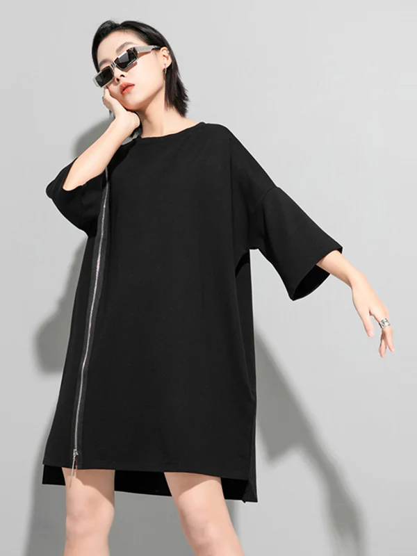 Original Black Zipper Batwing Sleeve Round-Neck Mini Dress - Image 3