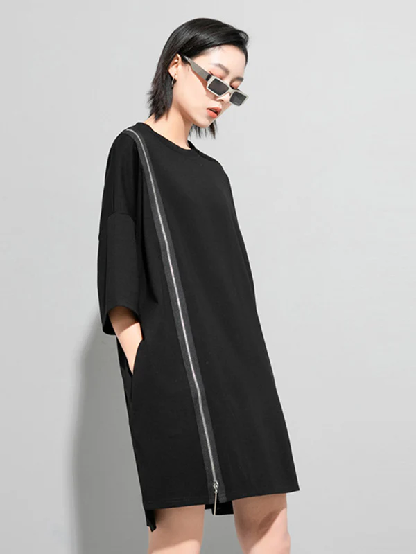 Original Black Zipper Batwing Sleeve Round-Neck Mini Dress - Image 4