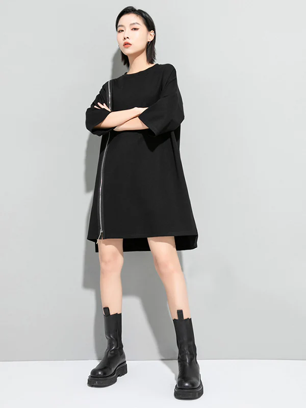 Original Black Zipper Batwing Sleeve Round-Neck Mini Dress - Image 5
