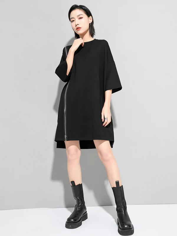 Original Black Zipper Batwing Sleeve Round-Neck Mini Dress - Image 6