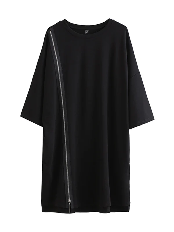 Original Black Zipper Batwing Sleeve Round-Neck Mini Dress - Image 8