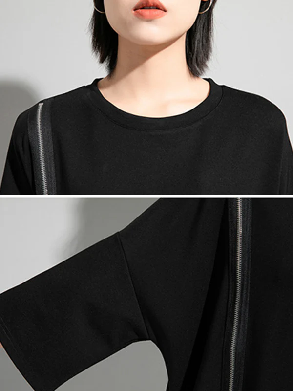 Original Black Zipper Batwing Sleeve Round-Neck Mini Dress - Image 9