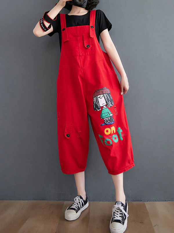 Original Cartoon Printed Puff Denim Overalls - Image 10