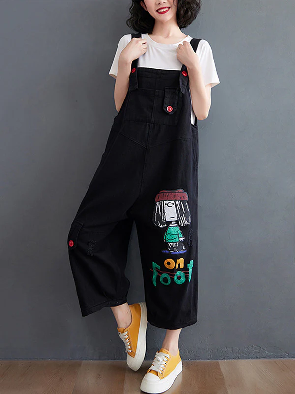 Original Cartoon Printed Puff Denim Overalls - Image 2