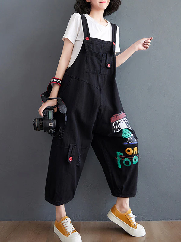 Original Cartoon Printed Puff Denim Overalls - Image 3