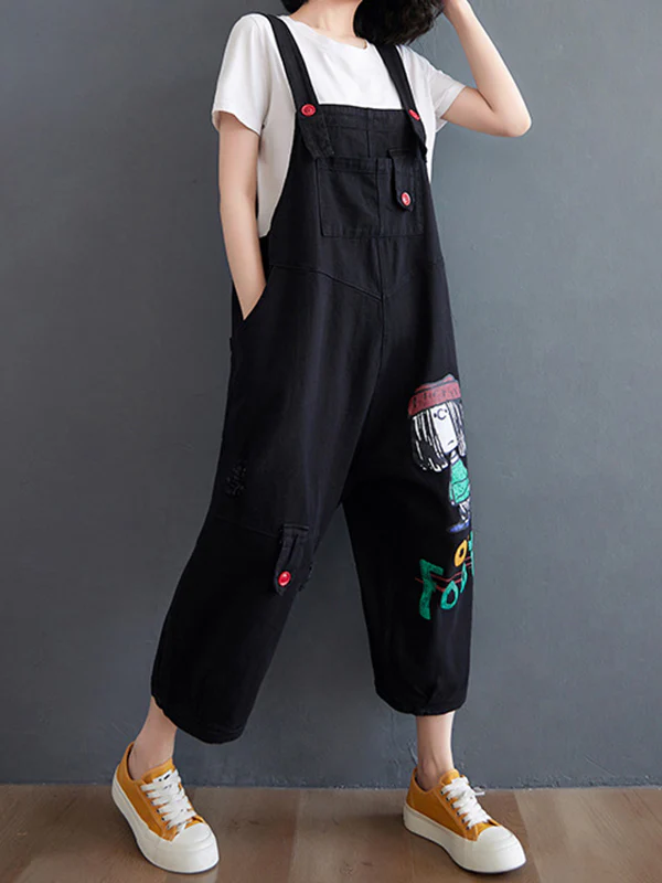 Original Cartoon Printed Puff Denim Overalls - Image 4