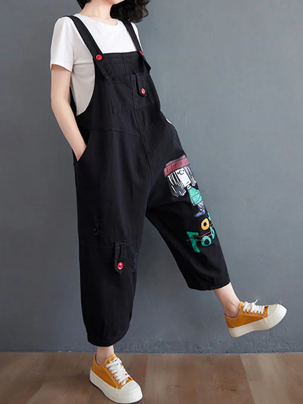 Original Cartoon Printed Puff Denim Overalls - Image 5