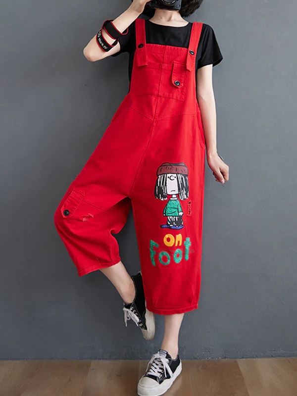 Original Cartoon Printed Puff Denim Overalls - Image 8
