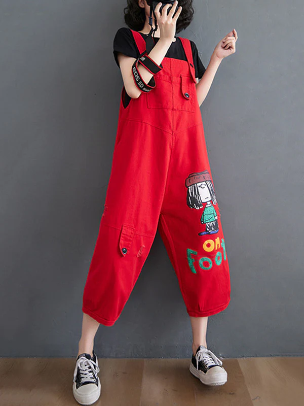 Original Cartoon Printed Puff Denim Overalls - Image 9