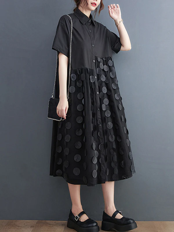 Original Casual Loose Polka-Dot Split-Joint Midi Shirt Dress - Image 3