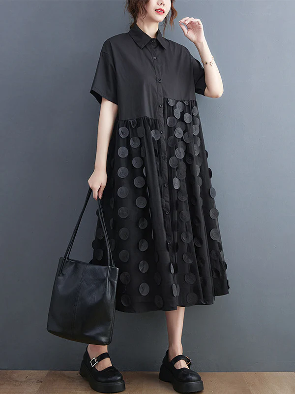 Original Casual Loose Polka-Dot Split-Joint Midi Shirt Dress - Image 4
