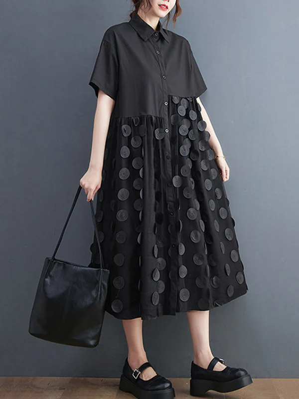 Original Casual Loose Polka-Dot Split-Joint Midi Shirt Dress - Image 5