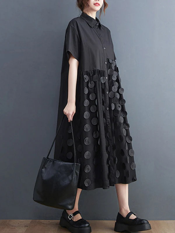 Original Casual Loose Polka-Dot Split-Joint Midi Shirt Dress - Image 6