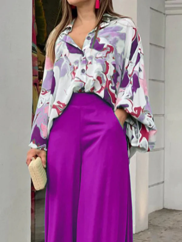 Original Contrast Color Blouse&Solid Wide Legs Pants 2 Pieces Set - Image 12