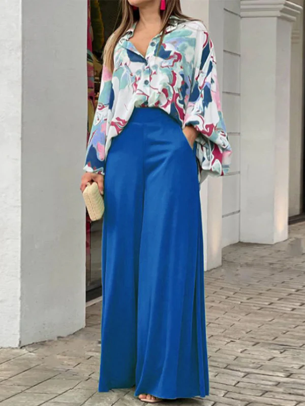 Original Contrast Color Blouse&Solid Wide Legs Pants 2 Pieces Set - Image 2