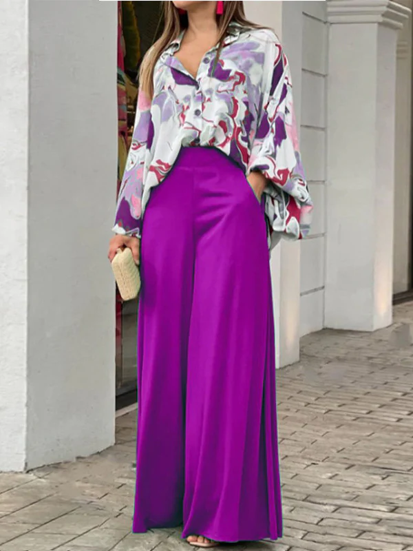 Original Contrast Color Blouse&Solid Wide Legs Pants 2 Pieces Set - Image 4